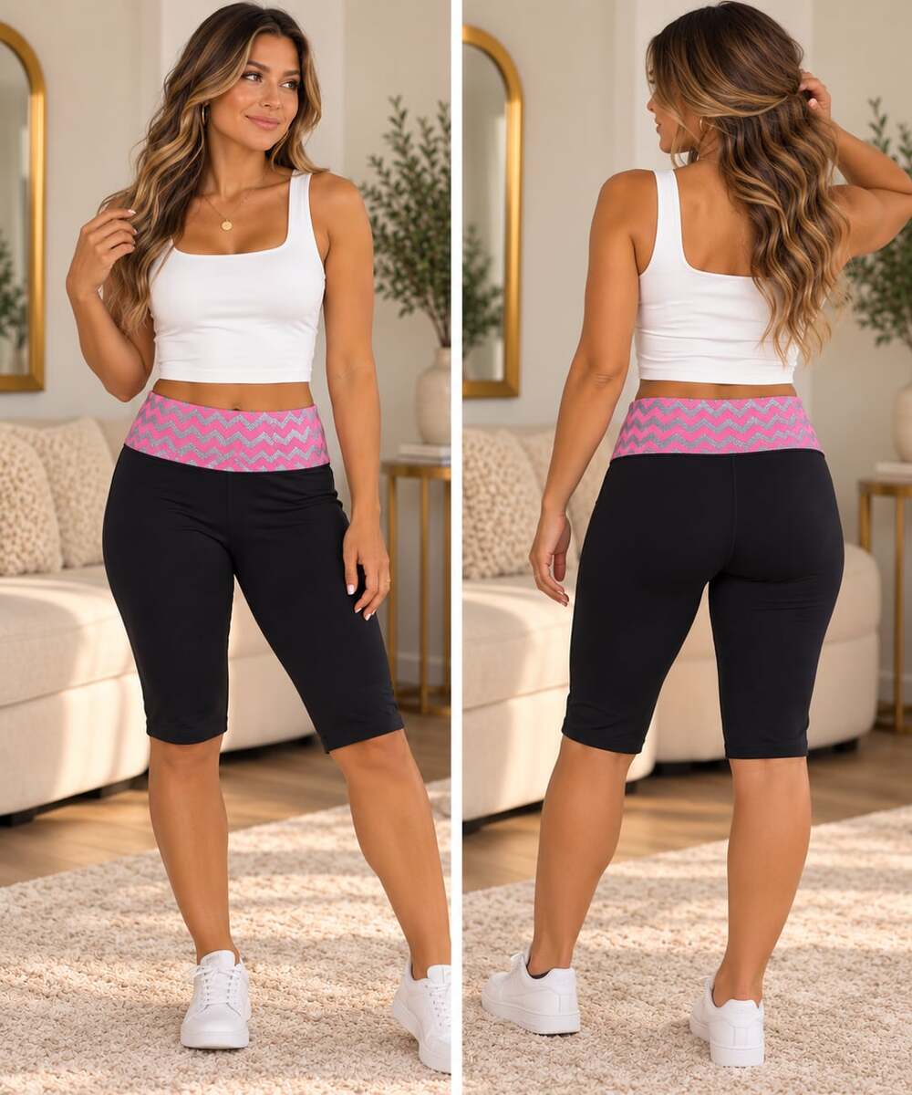 Y2K Foldover Yoga Capri Pants Black Pink Silver Chevron Low Rise